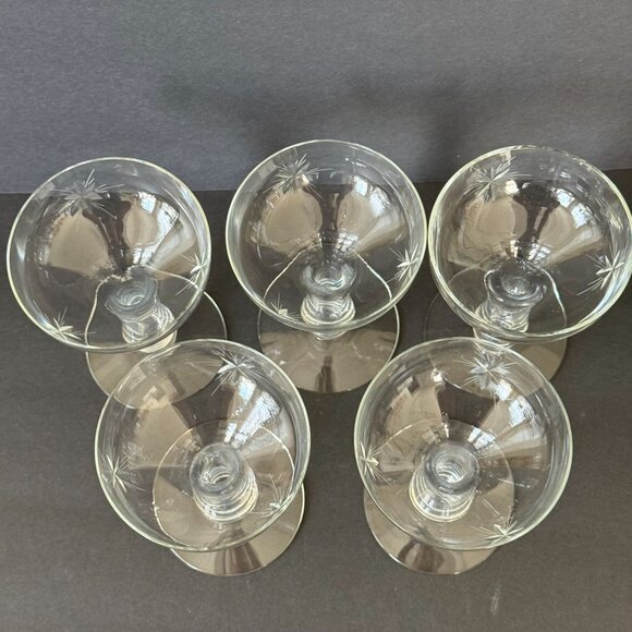 Vintage Etched Crystal Champagne Coupes With Starburst Design Set Of 5 - Picture 2 of 6